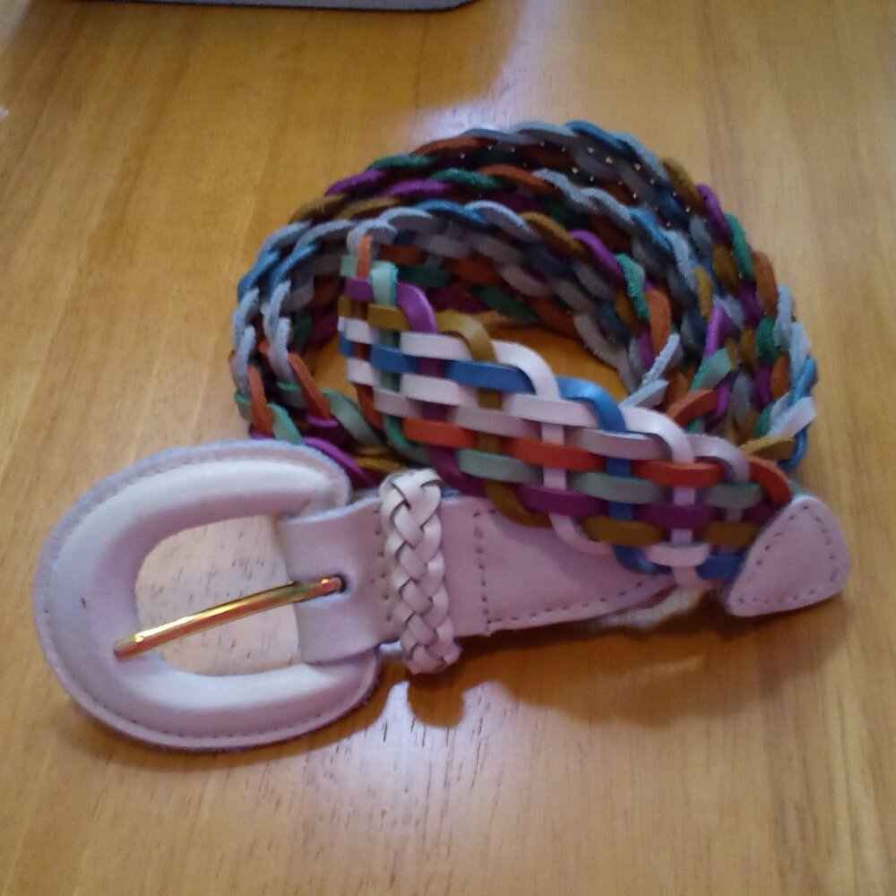 PASTEL RAINBOW 100% SPLIT LEATHER WOVEN BELT SZ MED UP TO 36" WHITE BUCKLE & END
